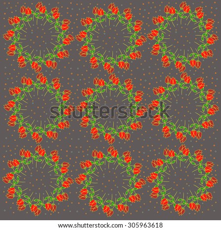Vintage pattern with colourful flowers. Many different tulips colorful print. Flowers located on the circle. Flowers frame.