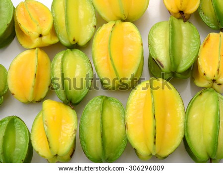 Carambola or Star Fruit is a yellow-green fruit that is shaped like a star.