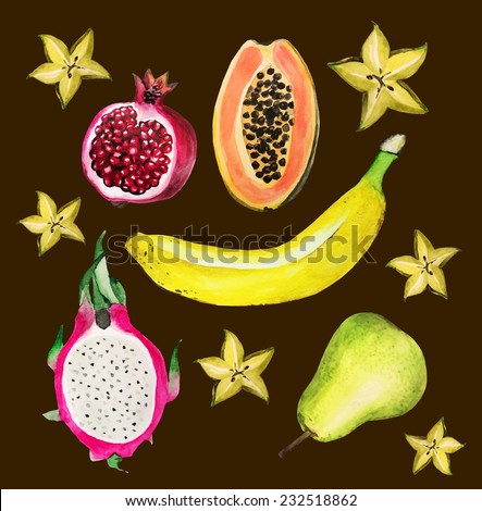 Different fruit set. Watercolor hand drawn banana, pear, papaya, pomegranate, pitahaya and carambola