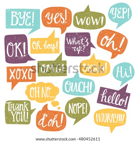 Hand drawn set of motley speech bubbles with handwritten short phrases yes, thank you, bye, ok, hooray, omg, wow, oh boy, xoxo, what's up, ouch, oh, yeah, oh no, nope, yep, hello