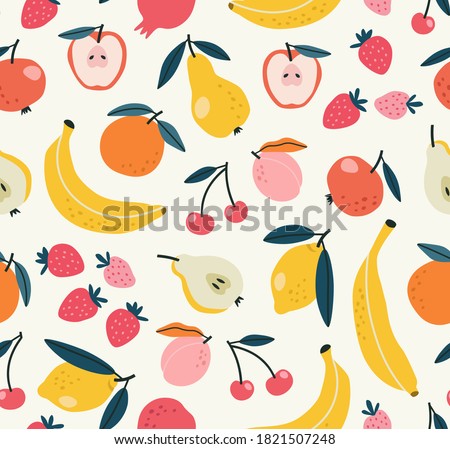 Seamless pattern of fruits background elements on a beige background. Set with hand drawn fruit doodles. Tropical pattern of  banana, apple, pear, peach, strawberry, lemon, cherry, and pomegranate.