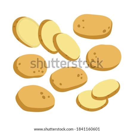 Vector illustration of potato and sliced potato. Set of potatoes isolated on white background. Illustration of vegetables. Vegan concept. Suitable for illustrating healthy eating, recipes, local farm.