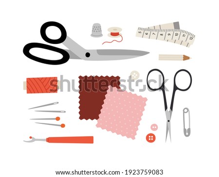 Vector illustration of supplies and tools for sewing. Scissors, pins, threads, needles, measuring meter, fabric pencil, fabric samples, pin, spool, thimble, pin, ripper. Sewing hobby concept.