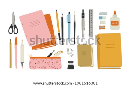 Vector illustration of stationery, office. Notebooks, books, pens, pencils, markers, pencil case, rubber bands, scissors, compasses, paper clips, ink. Suitable for illustrating the learning process.