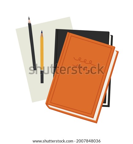 Vector illustration of the stack of books, paper, and pencils, isolated on white. Hand-drawn set. Objects for learning, reading, school tools. Top view. Suitable for book shops, and publishing houses.