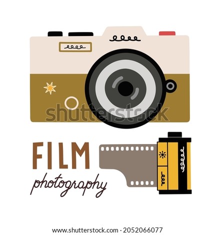 Hand-drawn card of film photo camera, film roll, and hand lettering. Retro, vintage camera, photographer tool. Back to the 80s - 90s. Colorful flat vector illustration isolated on white background.