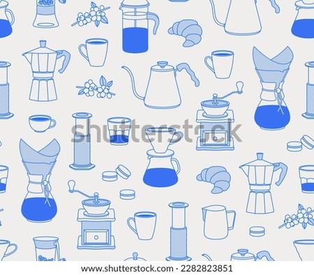 Seamless pattern of tools for brewing coffee, sweets, and coffee branch. Line art, retro. Vector illustration for coffee shops, cafes, and restaurants.