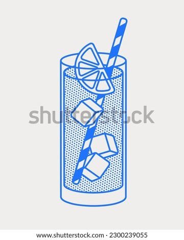Long island cocktail with a lemon slice, ice cubes, and straw. Line art, retro. Vector illustration for bars, cafes, and restaurants.