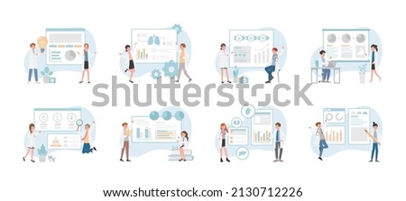 Set of paramedics or medical experts or scientists pointing at presentation boards, chart icons, vector set of abstract graphic elements, data statistics, infographics, analysis tools
