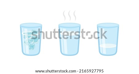 3 glasses of water of different temperatures with glass, iced or hot drinking water