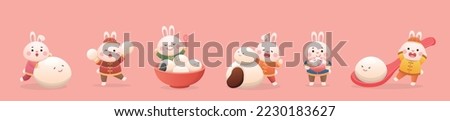 A set of cute rabbit characters or mascots with glutinous rice balls, Lantern Festival or Winter Solstice, delicious glutinous rice sweet food in Asia, playful and cute cartoon style