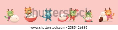Set of cute dragon characters or mascots with glutinous rice balls for Lantern Festival or Winter Solstice, Asian sticky rice sweets with flavors and fillings, vector cartoon style