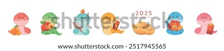 6 cute snake mascots or cartoon characters, playful and cute, vector elements for Chinese New Year, translation: spring