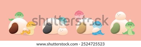 Cute snake character or mascot, glutinous rice dumplings for Lantern Festival or Winter Solstice, Asian sticky rice dessert with flavors and fillings, vector cartoon style