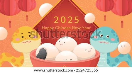 Poster for Chinese Lantern Festival or Winter Solstice or New Year, snake and glutinous rice balls, Asian sticky rice dessert with sesame filling and red bowl