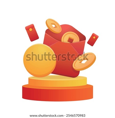 Chinese New Year, red envelope filled with gold coins on podium, shopping advertisement