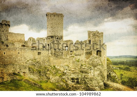 The old castle ruins of Ogrodzieniec fortifications, Poland. Retro image.