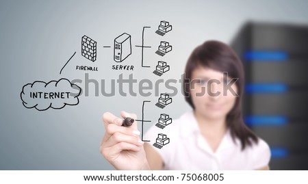 IT worker drawing computer network on digital screen.