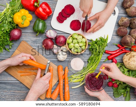 cooking food kitchen cutting cook hands man male knife preparation fresh preparing hand table salad concept - stock image 商業照片 © 