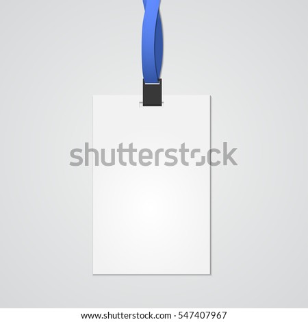 Realistic Blank vertical bagde with blue ribbon. Mockup, Vector illustration.