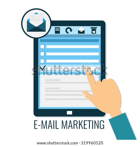 E-mail marketing concept. Computer tablet with hand opening message. Icon for e-mail in flat style, vector illustration.