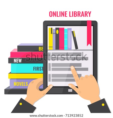 Hands holding computer tablet with online library application and stack of books. E-book, e-library, digital library  concept. Vector illustration.