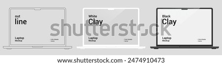  laptop mockup with blank screen isolated on white background in clay and outline style, laptop mock up in black and white vector illustration