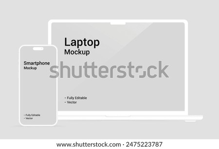 clay laptop and smartphone mockup with blank screen, mobile phone flat vector illustration