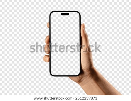 hand holding smartphone mockup with a Transparent screen as png isolated on empty background, mobile phone hand mockup