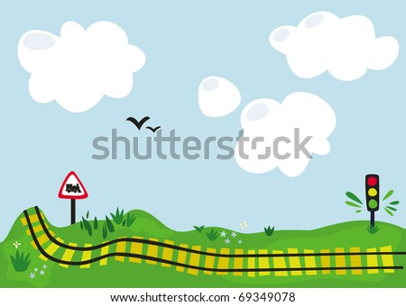 Radiant future. Landscape with clouds, birds and railway