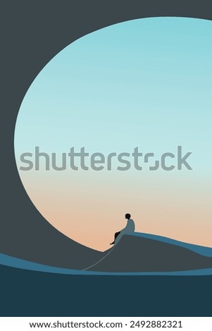 Lonely human silhouette on sunset. Contemplating, meaning of life and loneliness concept. Abstract art. Vector illustration of modern geometric shapes with gradients, lines, minimalistic man.