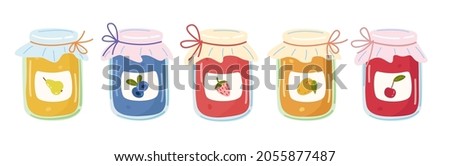 Set of fruit jams in glass jars in cartoon style.