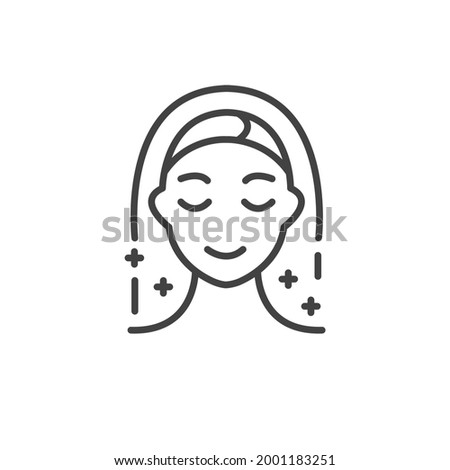 Aesthetic cosmetology line icon.  Woman illustration, sign for plastic surgery clinic. Pictogram of shiny skin, anti age skin care. Clipart symbol isolated on white background. Flat design.