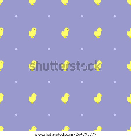 Seamless pattern Happy Easter with little yellow chicken on a background of polka dot blue