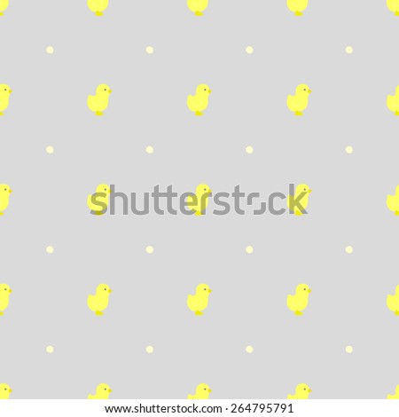 Seamless pattern Happy Easter with little yellow chicken on a background of polka dot gray