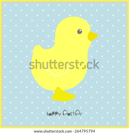 Greeting Card Happy Easter with little yellow chicken on a background of polka dot pattern in a frame