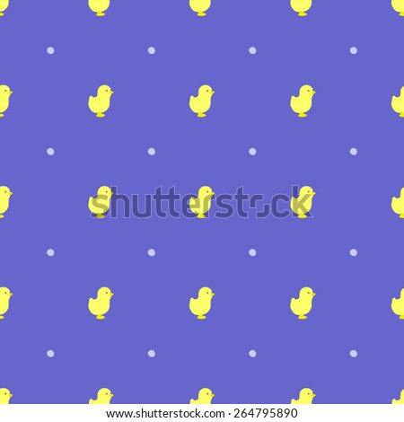 Seamless pattern Happy Easter with little yellow chicken on a background of polka dot blue