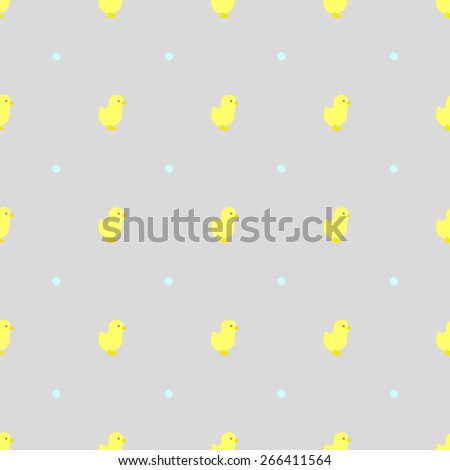 Seamless pattern Happy Easter with little yellow chicken on a background of polka dot gray