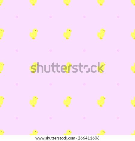 Seamless pattern Happy Easter with little yellow chicken on a background of polka dot pink