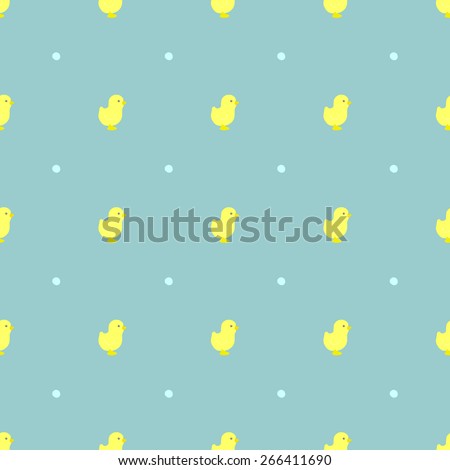 Seamless pattern Happy Easter with little yellow chicken on a background of polka dot aquamarine