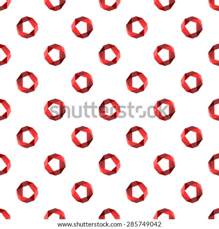 Seamless pattern with red circles in the modern polygonal patterns on white background