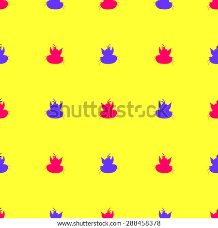 Seamless pattern of cartoon animals cats, hot pink and purple on a yellow background