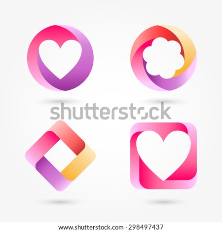 Icon set abstract business logo. Corporate, media, technology, style templates vector logo design. Volume shapes with a gradient of red, pink, orange, heart, square with rounded edges, a circle.