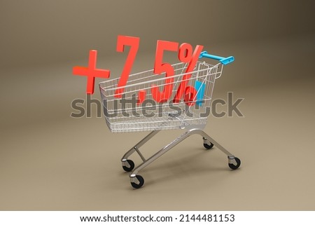 Rising prices int he supermarket. A grocery trolley with a percentage number to illustrate rising cost of living because of increased inflation. 3D illustration Imagine de stoc © 