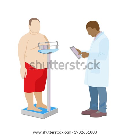 Black doctor weighs a fat man. obese patient examination by a doctor. weight control on medical scales. stock vector illustration. Photo stock © 