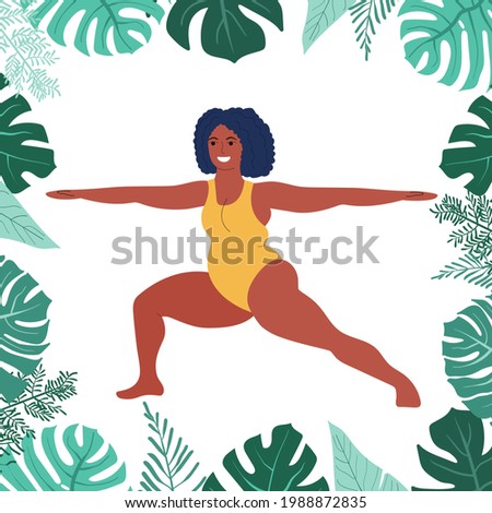 Black fat woman does yoga. Self-love. Fitness and excess weight. Fat girl sitting in yoga pose. Yoga asanas for weight loss and health. stock vector illustration on a white .