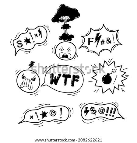 Doodle hand drawn speech bubble with swear words symbols. Comic speech bubble with curses, skull, bones, lightning. Angry screaming face emoji. Vector illustration isolated on white.