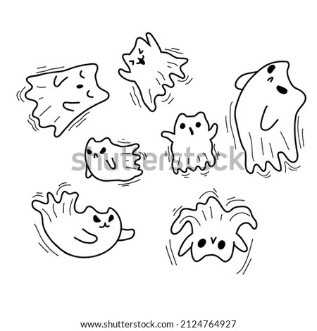 Halloween cat ghosts. Doodle cute kawaii spooky cat spirit ghost. Stock vector flat cartoon illustration.