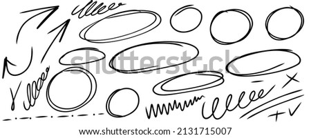 Hand drawn circle frame. Highlited frame. Outline selection highlight ovals and arrows. Doodle style outline strokes. Stock vector set of illustrations on white background.