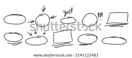Highlighter ovals set. Marker Lines, arrows, check, circle, yes, isolated on white background. Marker pen highlight underline strokes. Vector hand drawn graphic doodle element.